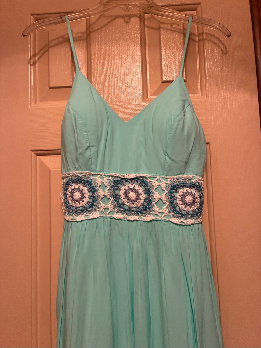 Vintage Light Aqua Spaghetti Strap Maxi Dress with Crochet Waist